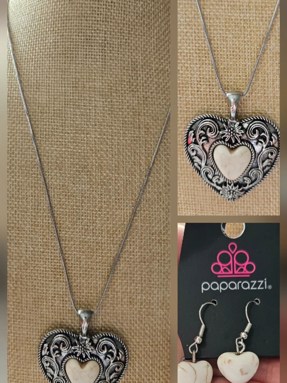 paparazzi Silver-Tone Heart Pendant Necklace with Cream Inset